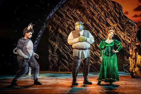 Brandon Lee Sears as Donkey, Antony Lawrence as Shrek and Joanne Clifton as Fiona in Shrek The Musical.